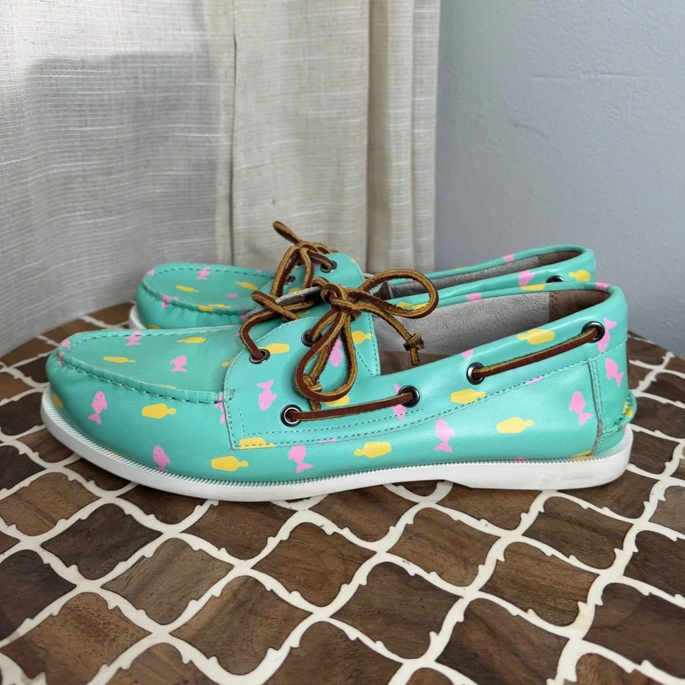 Froats Bermuda Breeze Boat Shoes‎ Fish Print Aqua Teal Leather Men's Size 10.5